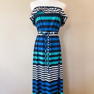 BCX Long Maxi Dress  Ruffled Halter Stretch Multicolor Horizontal Strip S